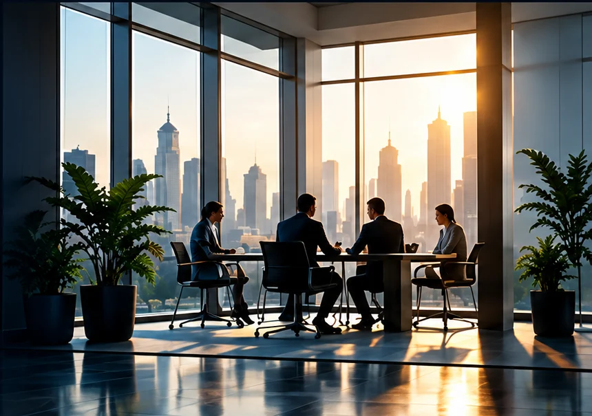 A team meeting around a table in a bright office overlooking a city skyline